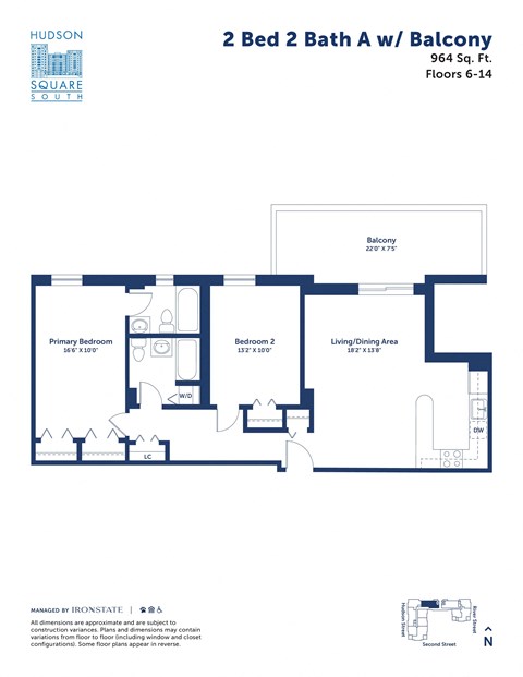 Floor plan for 2 beds, 2 baths, 964 sqft